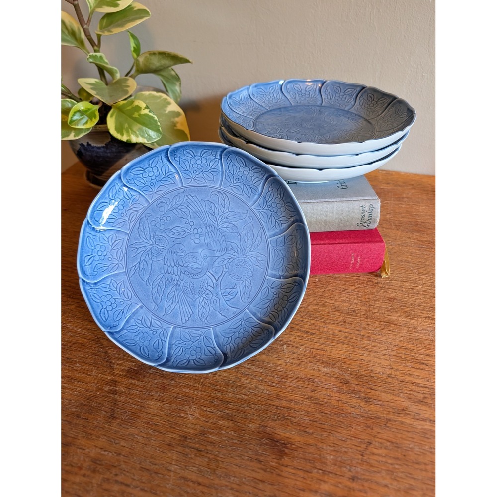 Vtg Japanese Arita Ware Homare Celadon Porcelain Plates Set 4 Embossed Bird Blue